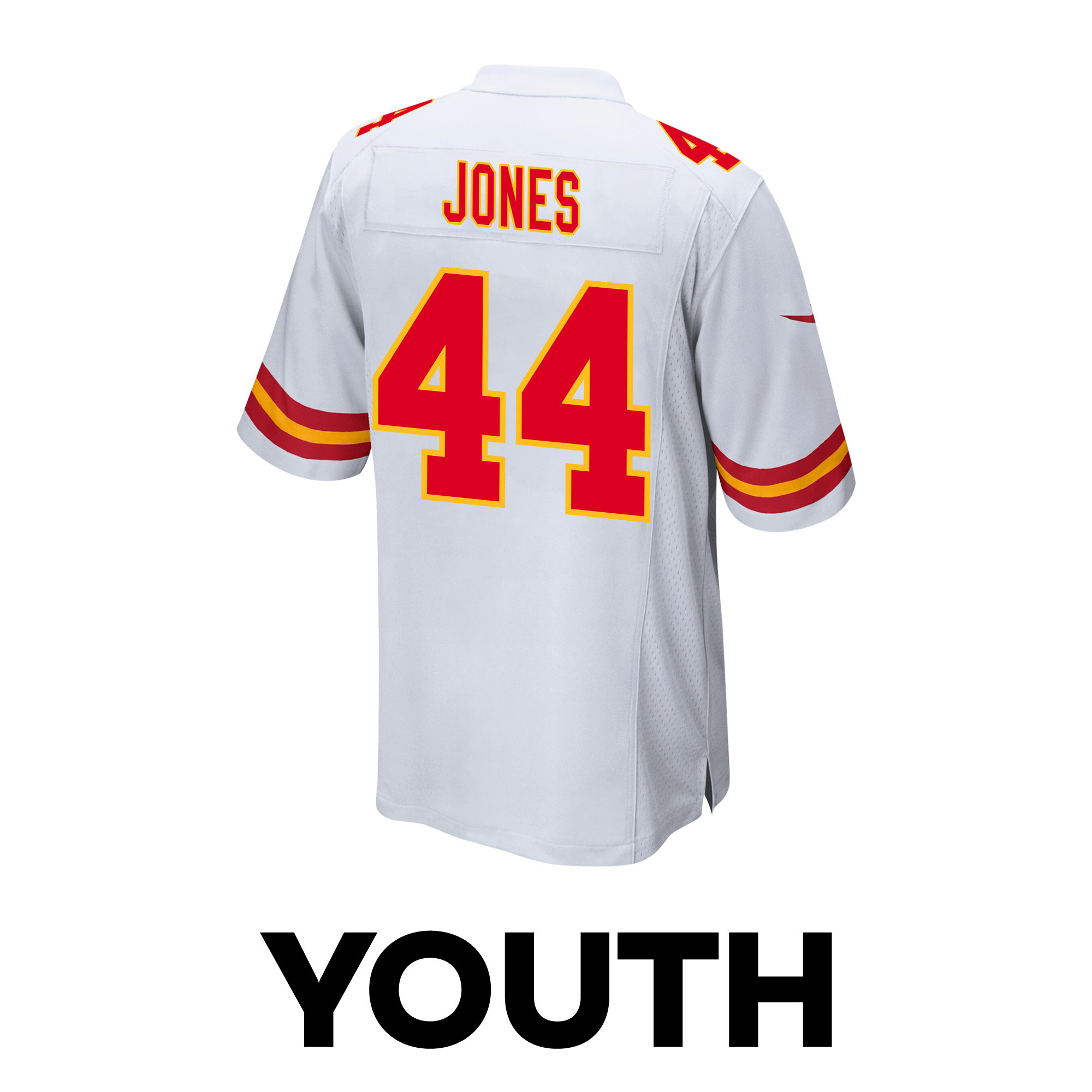 Cam Jones 44 Kansas City Chiefs Super Bowl LVIII Patch Game White NFL Jersey Youth
