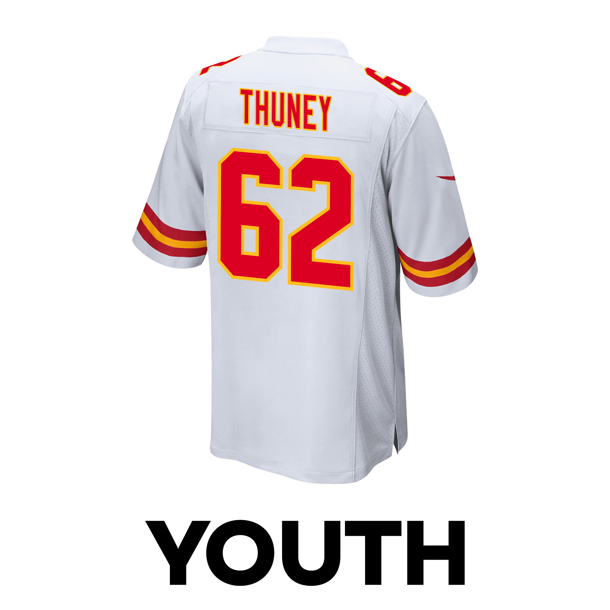 Joe Thuney 62 Kansas City Chiefs Super Bowl LVIII Champions 4 Stars Patch Game White NFL Jersey Youth