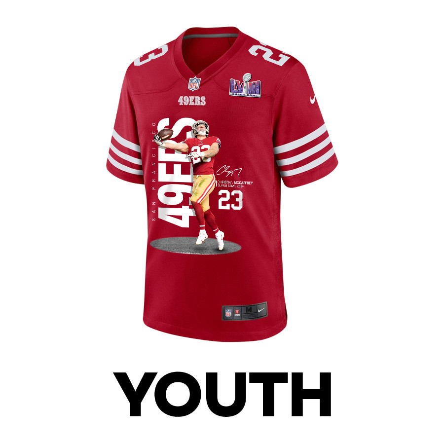 Christian McCaffrey 23 San Francisco 49ers Throwing Ball Game Scarlet NFL Jersey Youth