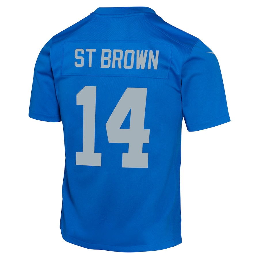 Amon-Ra St. Brown 14 Detroit Lions Alternate Game Blue NFL Jersey Youth