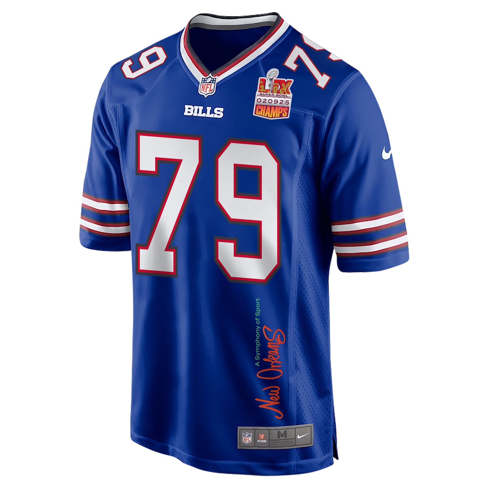 Spencer Brown 79 Buffalo Bills Super Bowl LIX Champions Patch New Orleans A Symphony of Sport' EMBROIDERED Game Royal NFL Jersey Men's