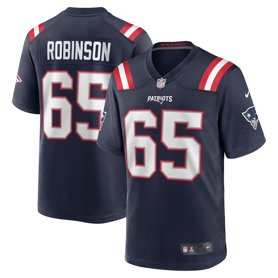 Tyrese Robinson 65 New England Patriots Game Navy NFL Jersey Men's