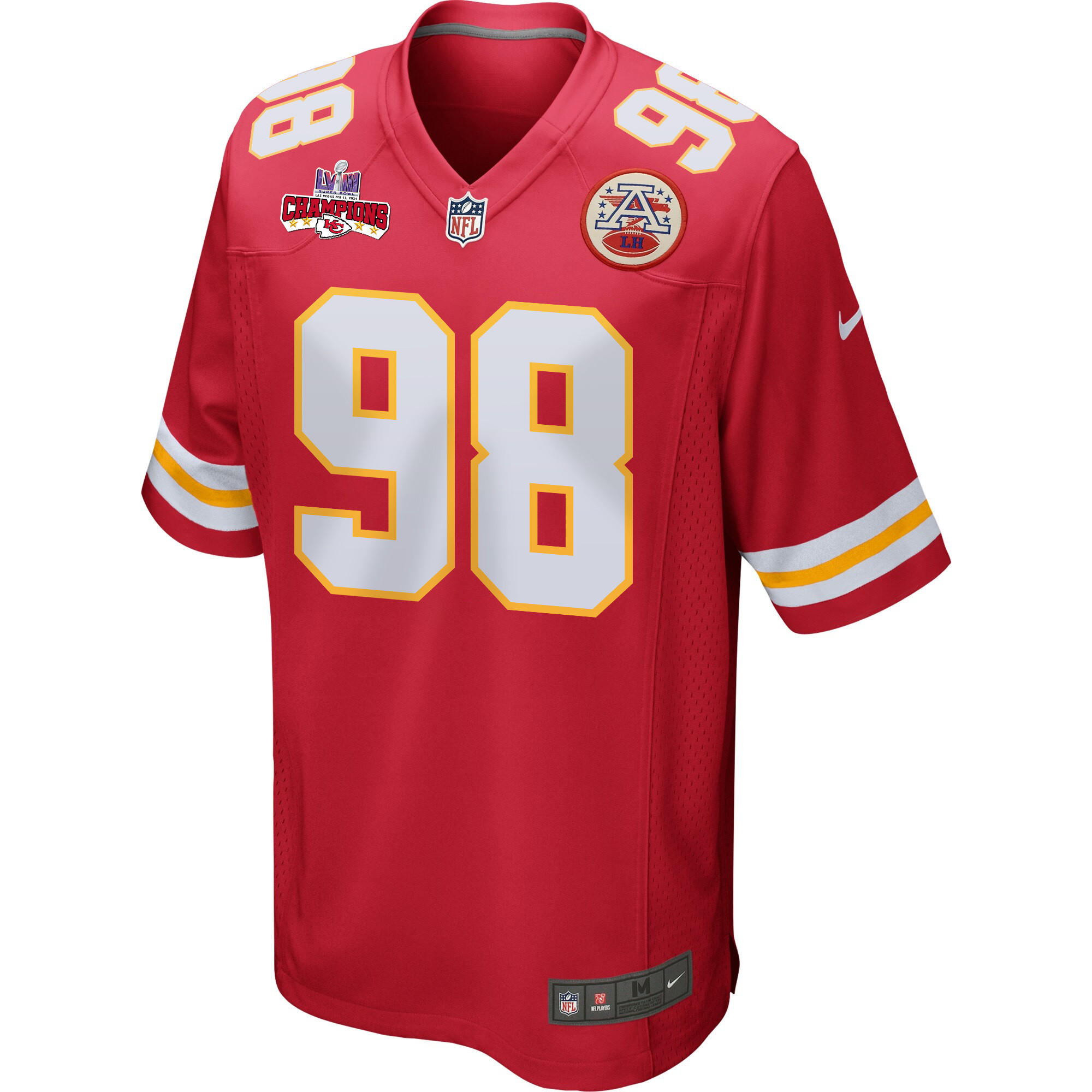 Tershawn Wharton 98 Kansas City Chiefs Super Bowl LVIII Champions 4 Stars Patch Game Red NFL Jersey Men's