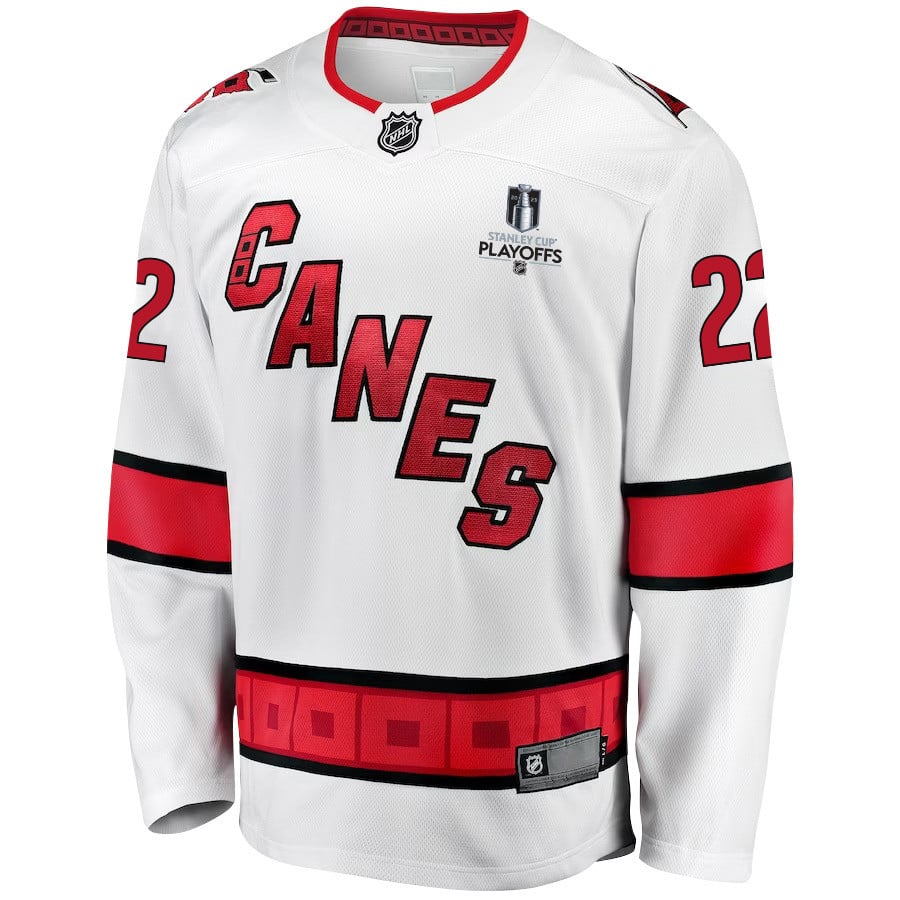 Brett Pesce 22 Carolina Hurricanes Stanley Cup 2023 Playoffs Patch Away Breakaway White NHL Jersey Men's