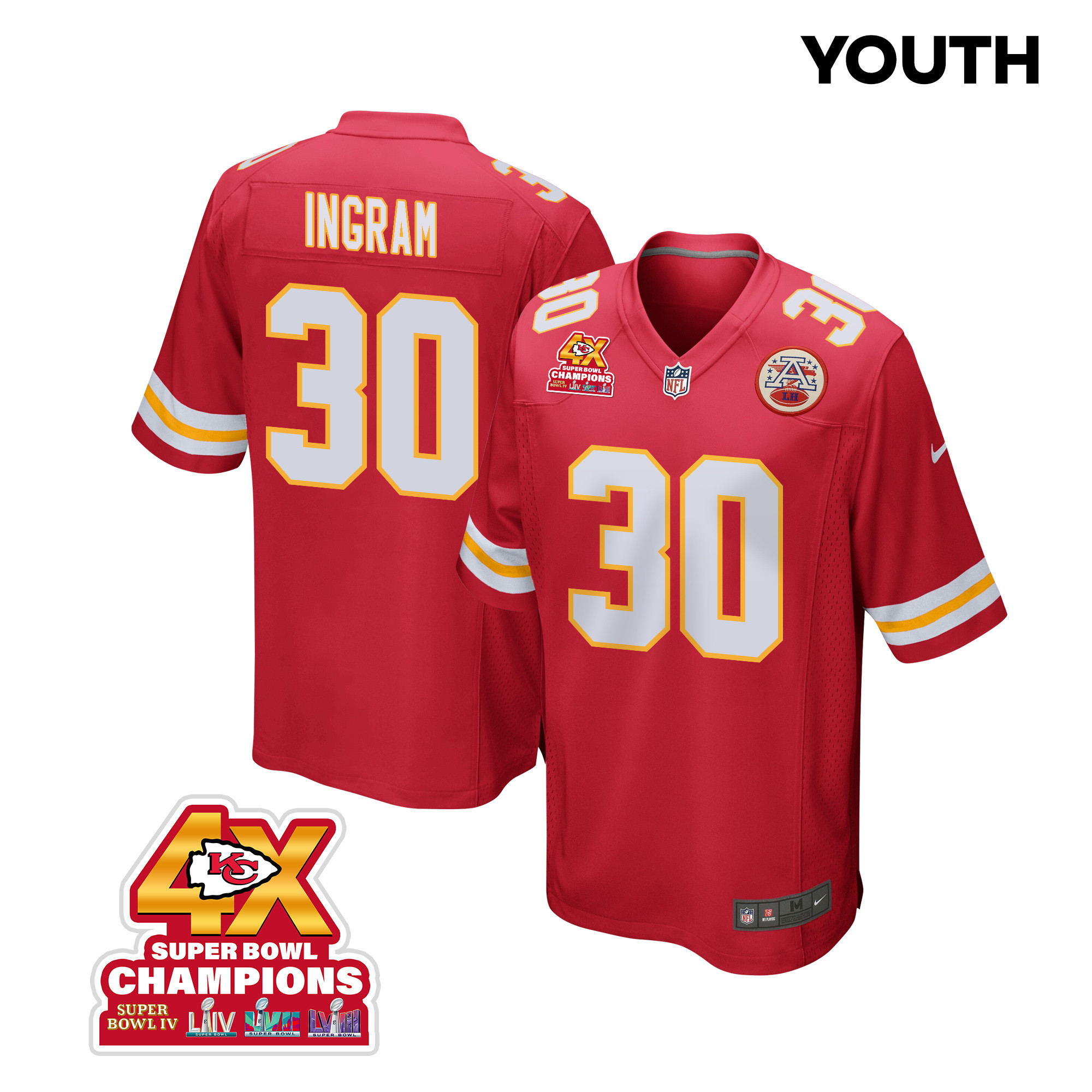 Keaontay Ingram 30 Kansas City Chiefs Super Bowl LVIII Champions 4X Game Red NFL Jersey Youth