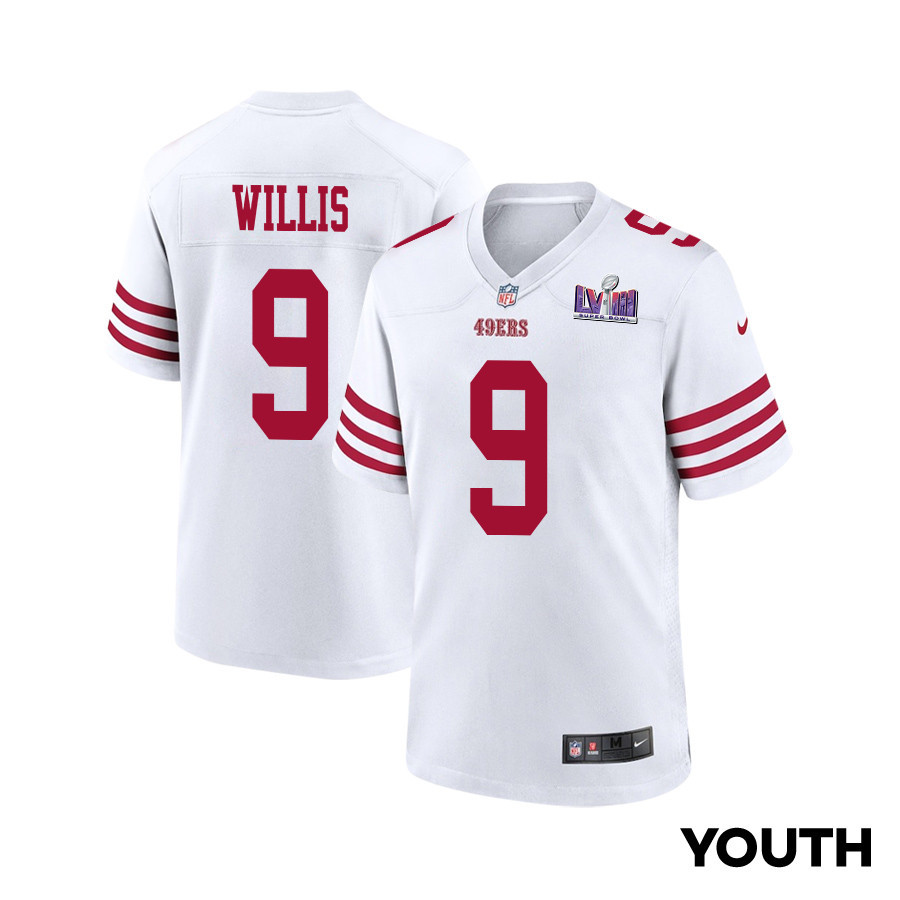 Brayden Willis 9 San Francisco 49ers Super Bowl LVIII Patch Game White NFL Jersey Youth