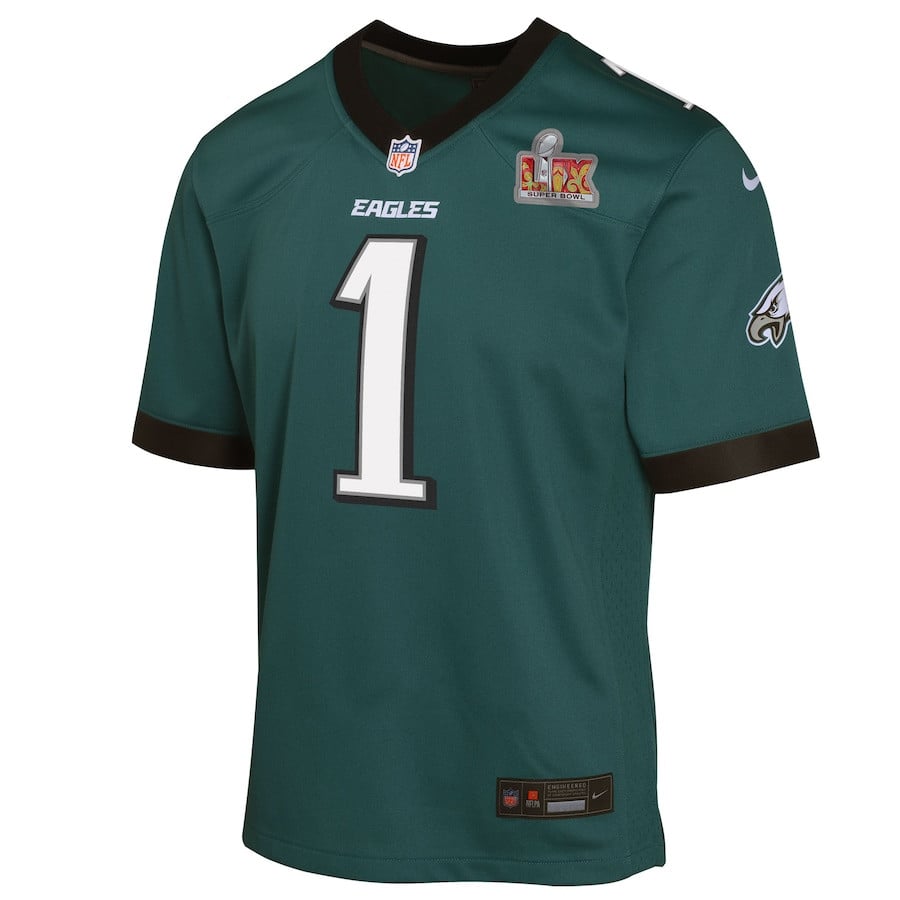 Jalen Hurts 1 Philadelphia Eagles Super Bowl LIX Game Player Midnight Green NFL Jersey Youth