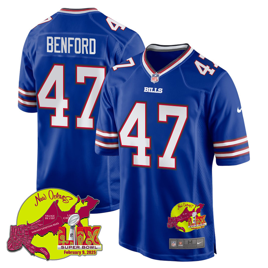 Christian Benford 47 Buffalo Bills Super Bowl LIX New Orleans Patch Game Royal NFL Jersey Men's