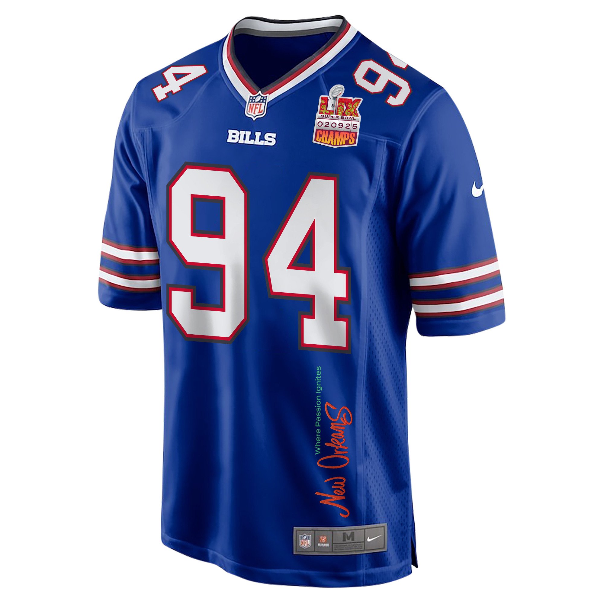 Dawuane Smoot 94 Buffalo Bills Super Bowl LIX Champions Patch New Orleans Where Passion Ignites' EMBROIDERED Game Royal NFL Jersey Men's