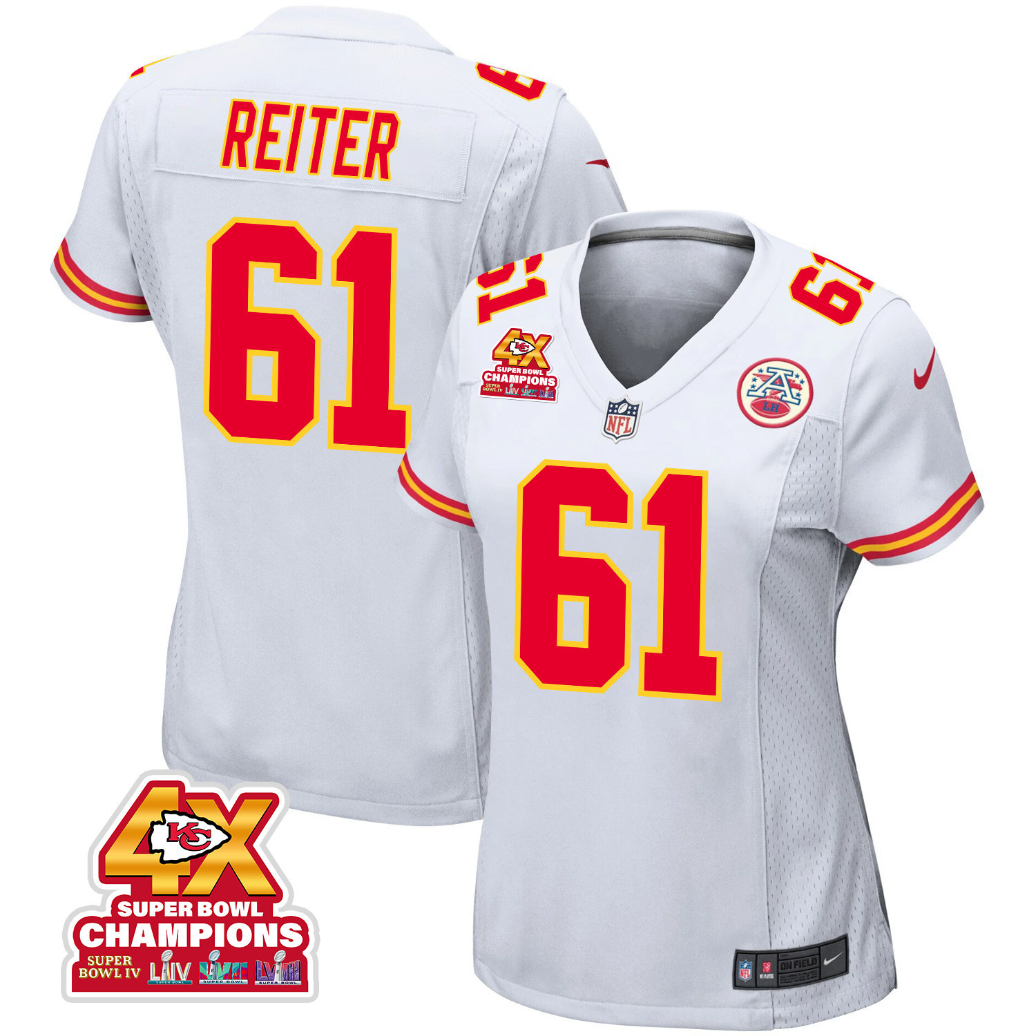 Austin Reiter 61 Kansas City Chiefs Super Bowl LVIII Champions 4X Game White NFL Jersey Women's