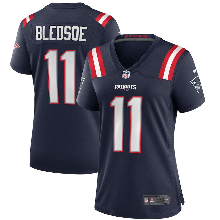 Drew Bledsoe 11 New England Patriots Game Retired Navy NFL Jersey Women's