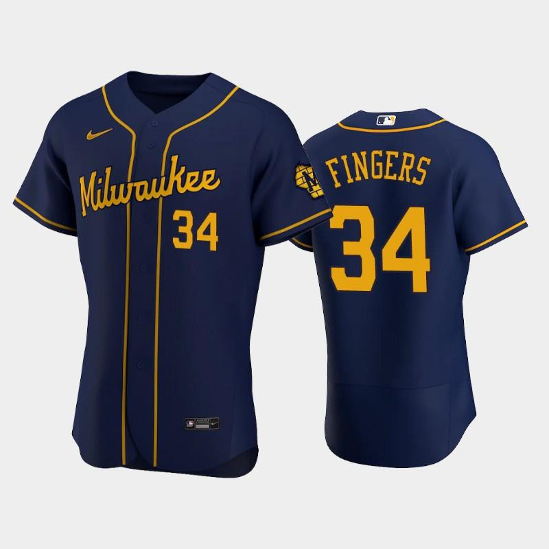 Milwaukee Brewers 34 Rollie Fingers Alternate Team Navy MLB Jersey Men's