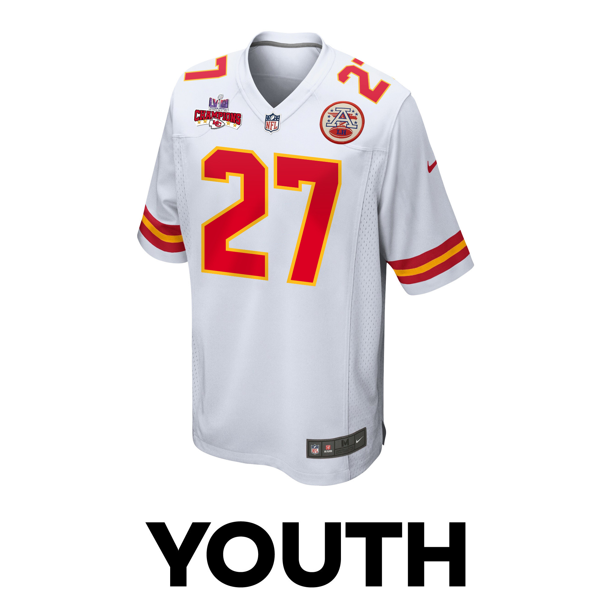 Chamarri Conner 27 Kansas City Chiefs Super Bowl LVIII Champions 4 Stars Patch Game White NFL Jersey Youth