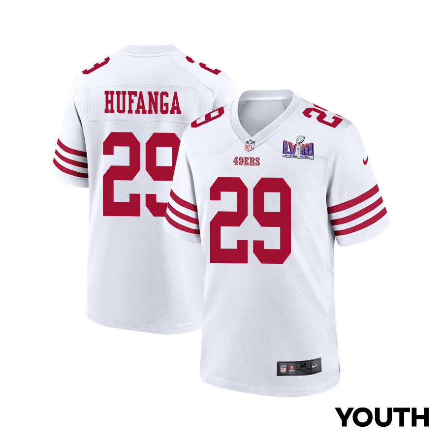 Talanoa Hufanga 29 San Francisco 49ers Super Bowl LVIII Patch Game White NFL Jersey Youth
