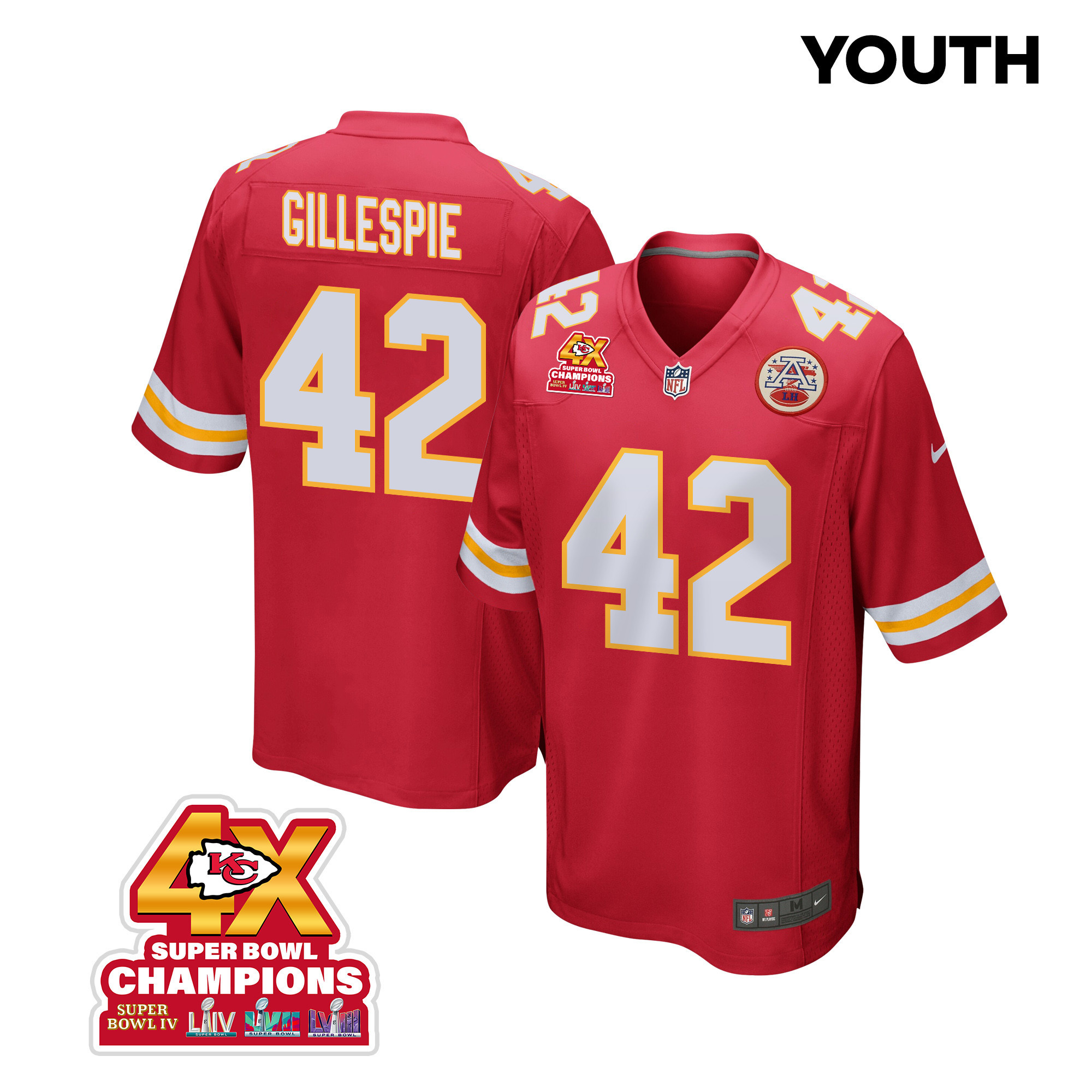 Tyree Gillespie 42 Kansas City Chiefs Super Bowl LVIII Champions 4X Game Red NFL Jersey Youth