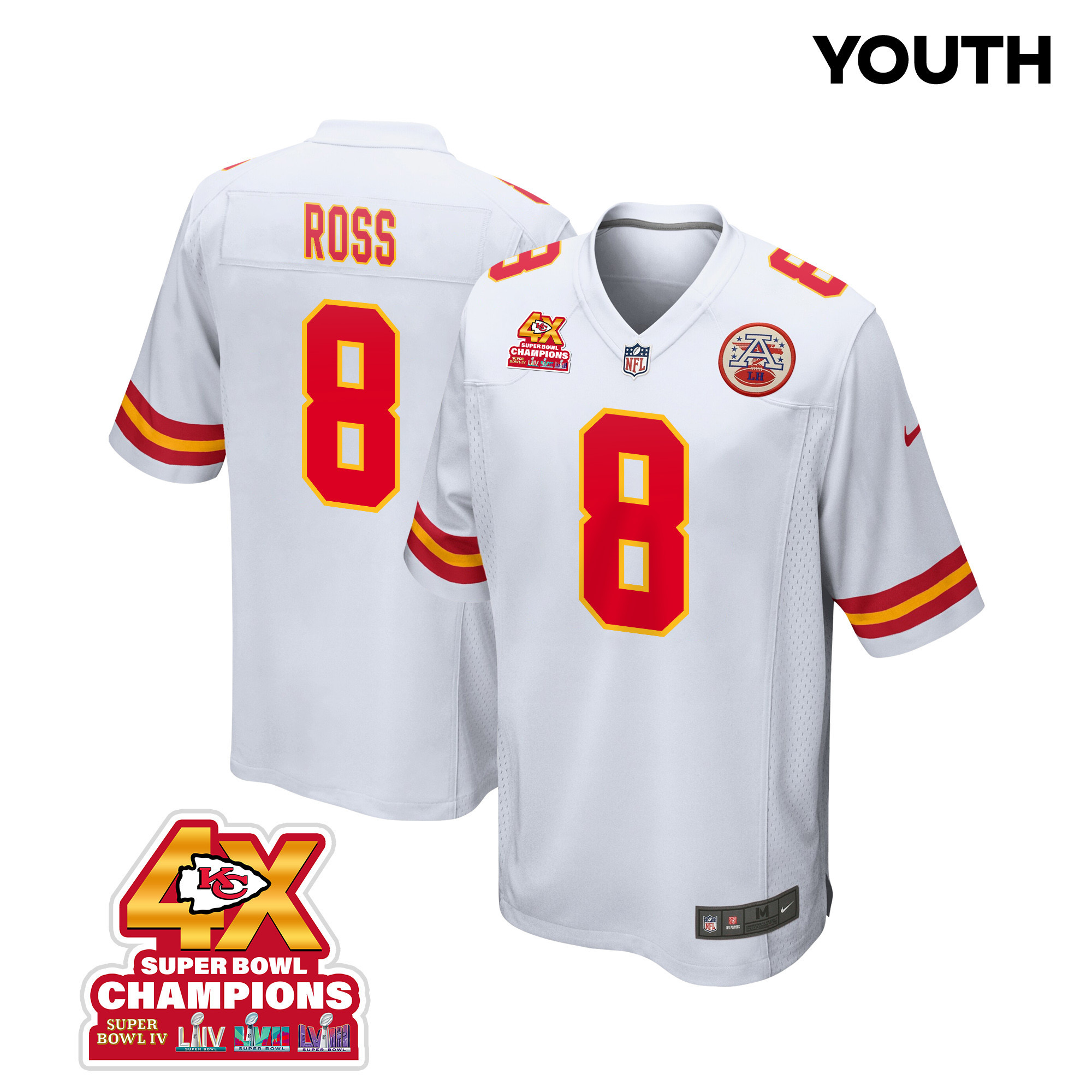 Justyn Ross 8 Kansas City Chiefs Super Bowl LVIII Champions 4X Game White NFL Jersey Youth