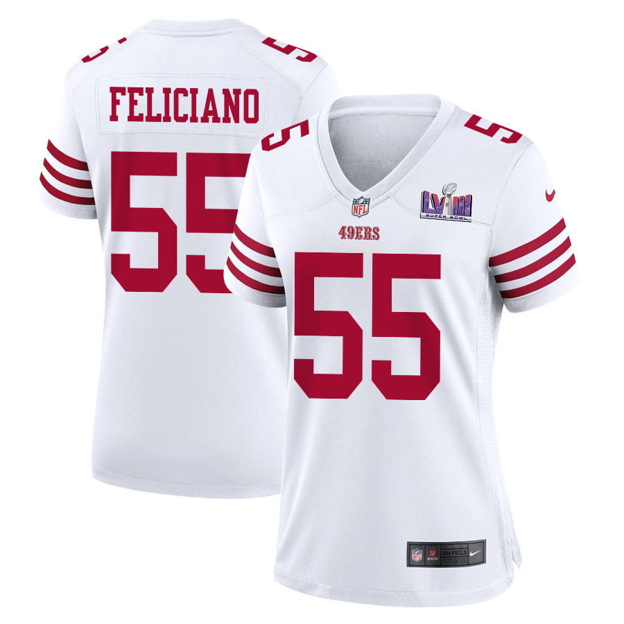 Jon Feliciano 55 San Francisco 49ers Super Bowl LVIII Patch Game White NFL Jersey Women's