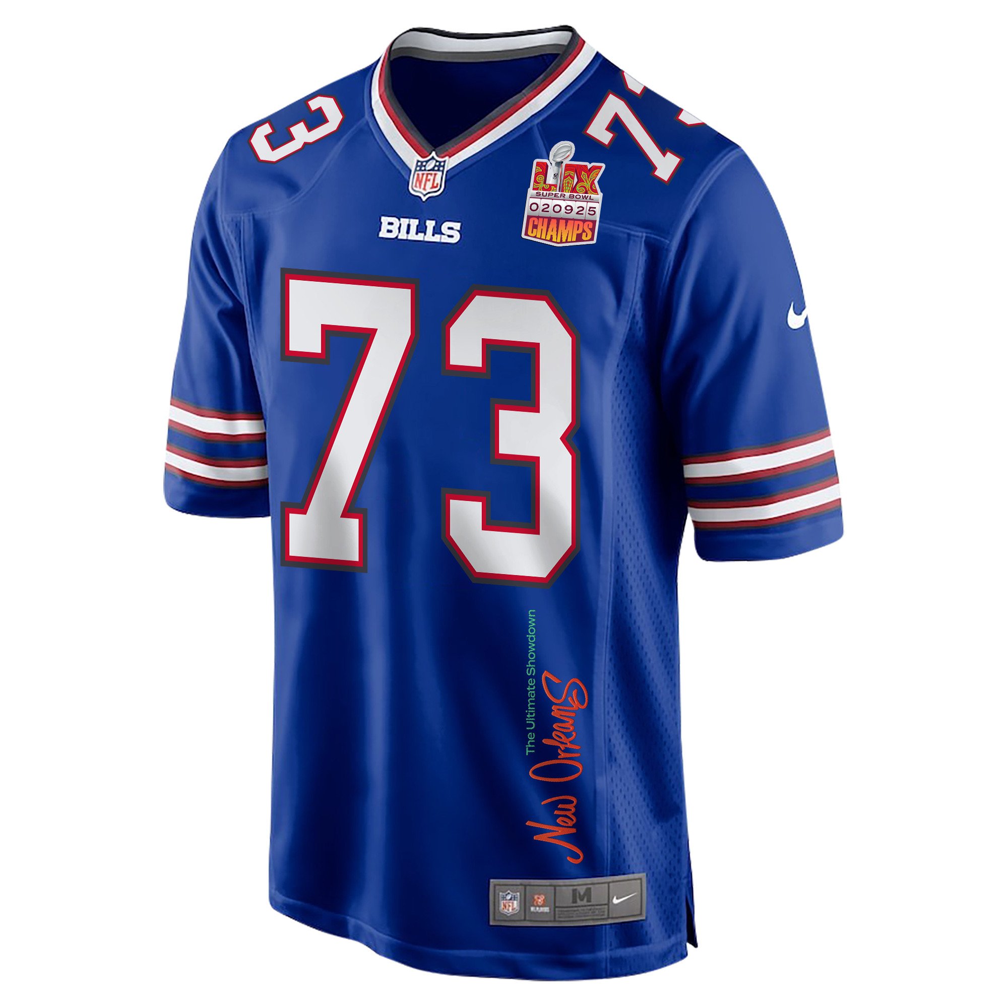 Dion Dawkins 73 Buffalo Bills Super Bowl LIX Champions Patch New Orleans The Ultimate Showdown' EMBROIDERED Game Royal NFL Jersey Men's
