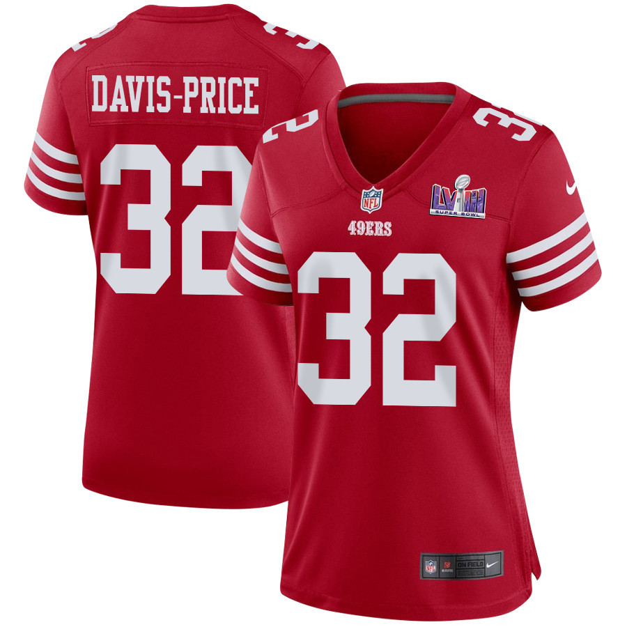 Tyrion Davis-Price 32 San Francisco 49ers Super Bowl LVIII Patch Game Scarlet NFL Jersey Women's