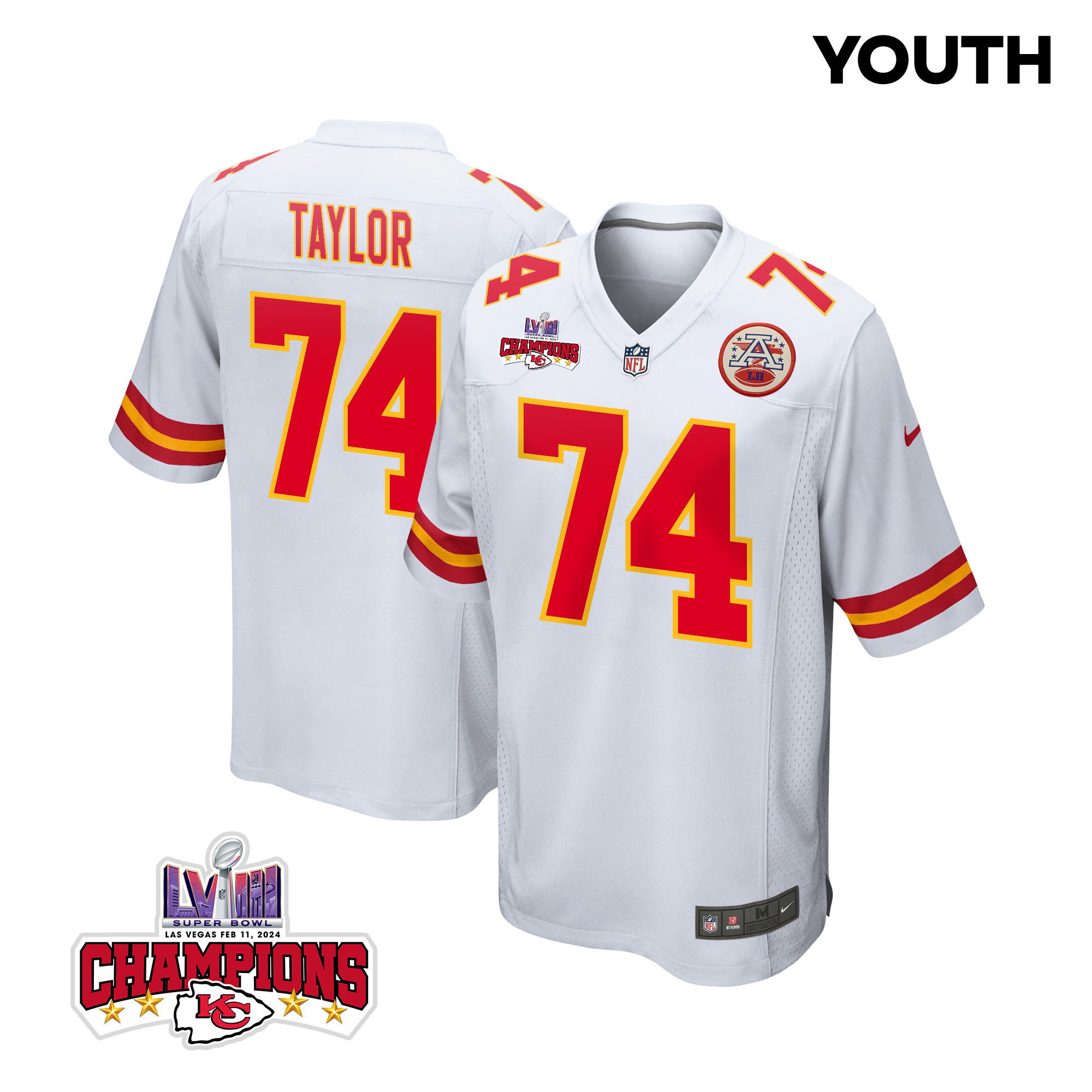 Jawaan Taylor 74 Kansas City Chiefs Super Bowl LVIII Champions 4 Stars Patch Game White NFL Jersey Youth