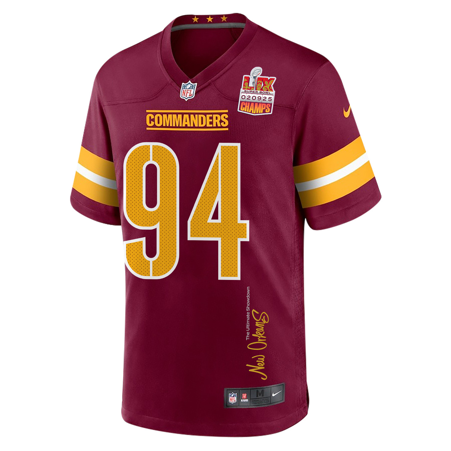 Daron Payne 94 Washington Commanders Super Bowl LIX Champions Patch New Orleans The Ultimate Showdown' EMBROIDERED Game Burgundy NFL Jersey Men's