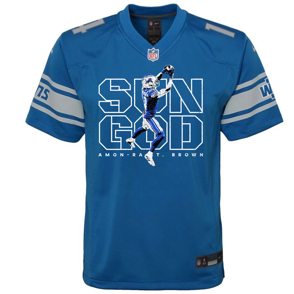 Amon-Ra St. Brown 14 Detroit Lions Sun God Game Blue NFL Jersey Youth