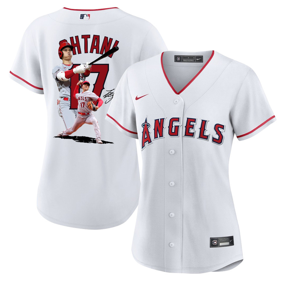 Shohei Ohtani 17 Los Angeles Angels Signed Decisive Blow 2023 Home White MLB Jersey Women's