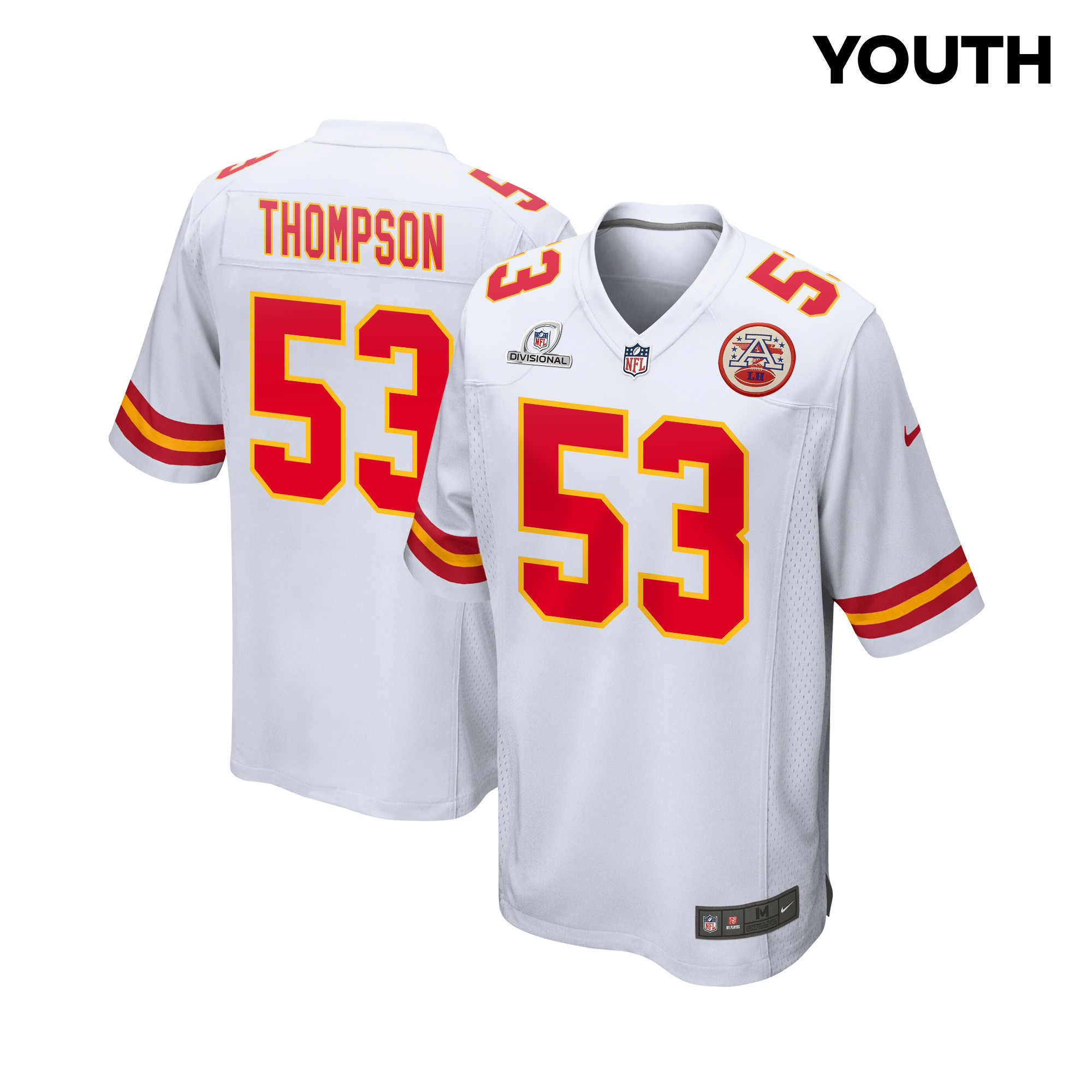 BJ Thompson 53 Kansas City Chiefs Super Bowl LVIII Patch Game White NFL Jersey Youth