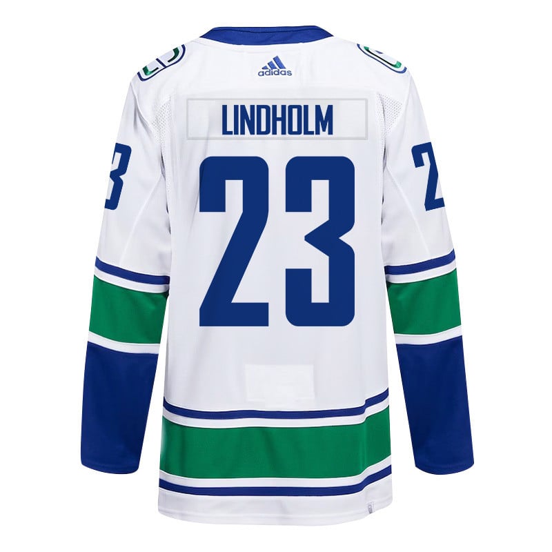 Elias Lindholm 23 Vancouver Canucks 2024 Playoffs Patch Away White NHL Jersey Men's