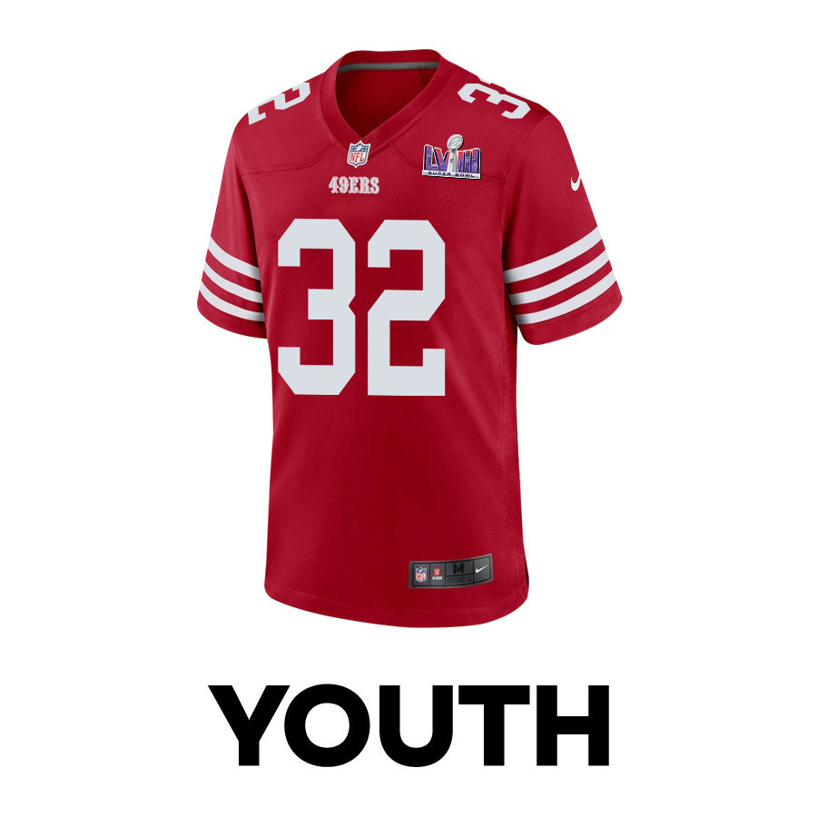 Tyrion Davis-Price 32 San Francisco 49ers Super Bowl LVIII Patch Game Scarlet NFL Jersey Youth