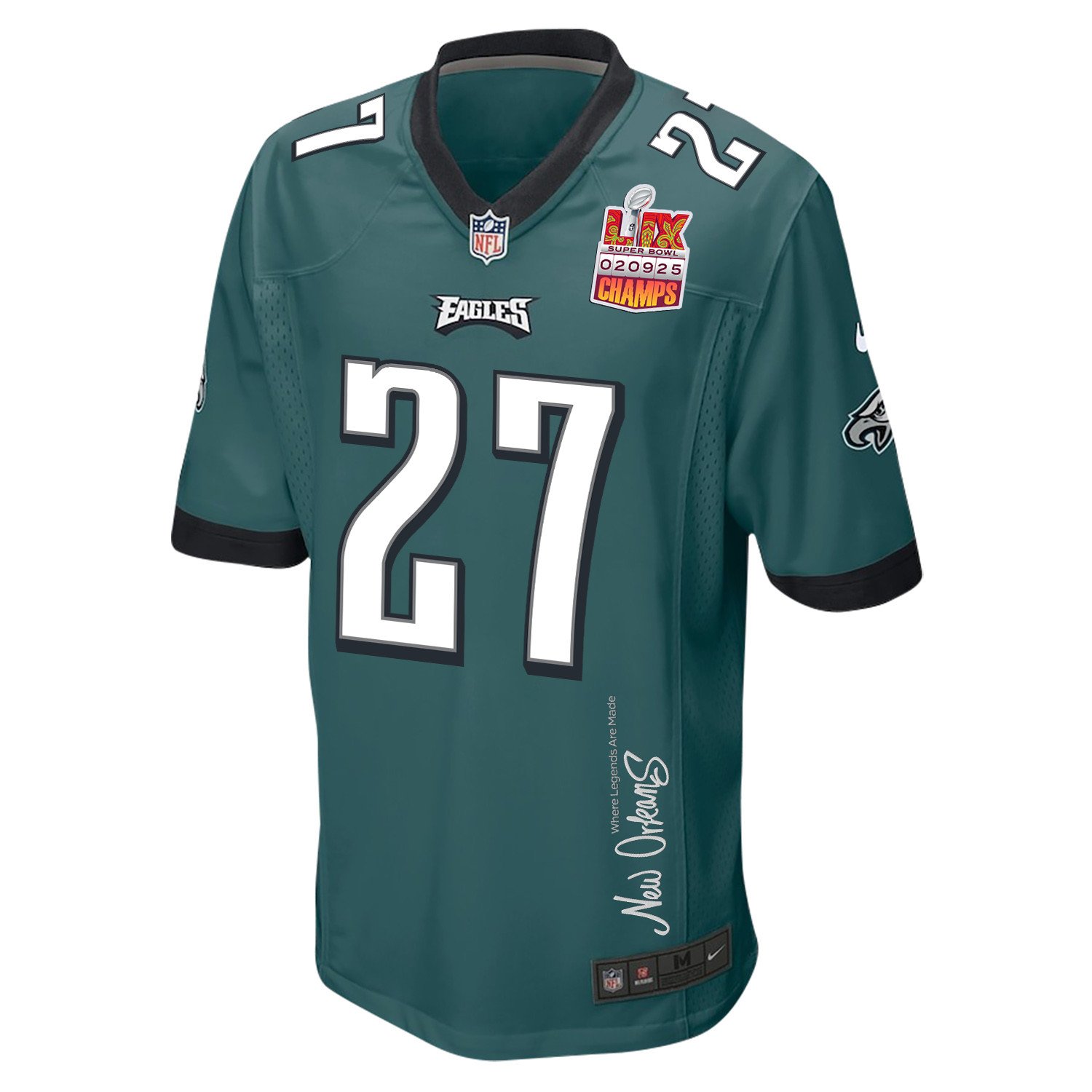 Quinyon Mitchell 27 Philadelphia Eagles Super Bowl LIX Champions Patch New Orleans Where Legends Are Made' EMBROIDERED Game Midnight Green NFL Jersey Men's