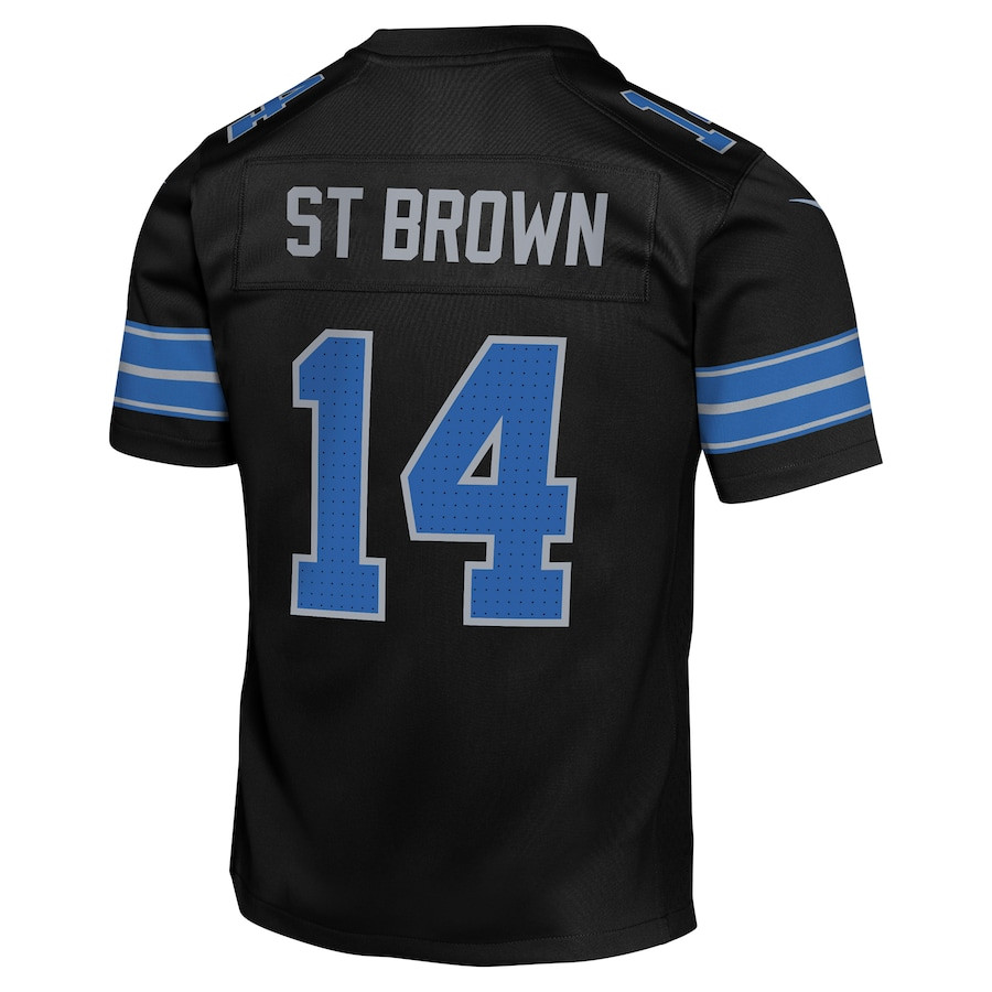 Amon-Ra St. Brown 14 Detroit Lions Alternate Player Game Black NFL Jersey Youth