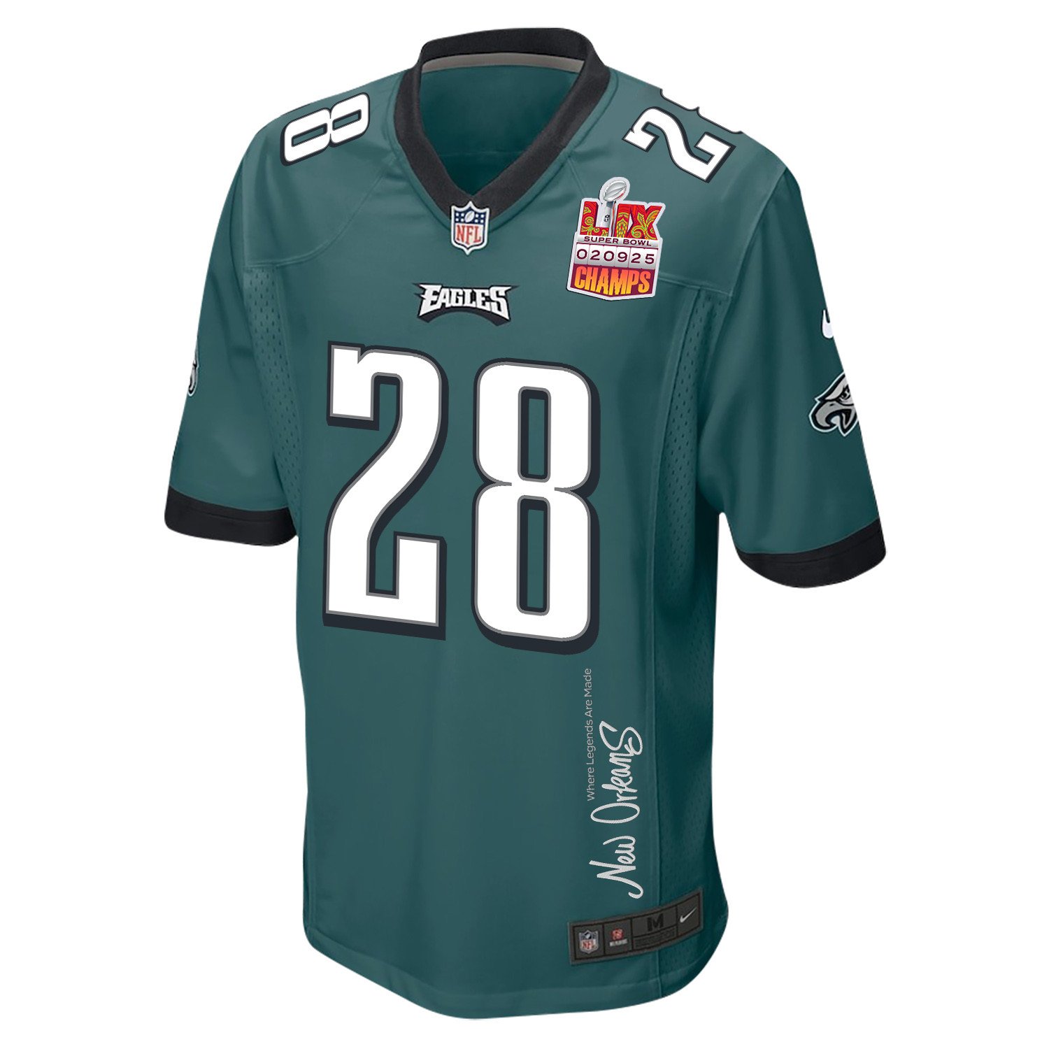 Will Shipley 28 Philadelphia Eagles Super Bowl LIX Champions Patch New Orleans Where Legends Are Made' EMBROIDERED Game Midnight Green NFL Jersey Men's