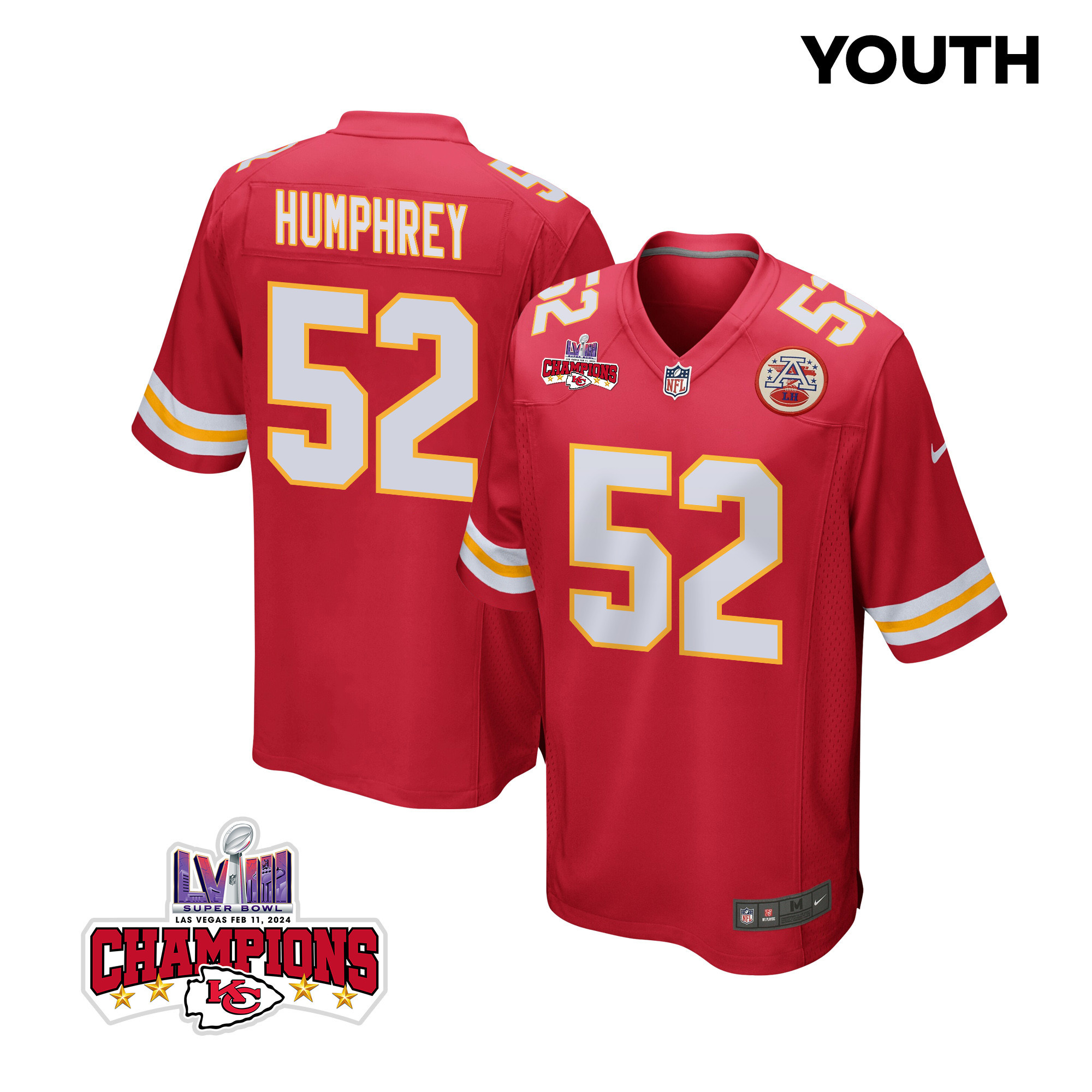 Creed Humphrey 52 Kansas City Chiefs Super Bowl LVIII Champions 4 Stars Patch Game Red NFL Jersey Youth