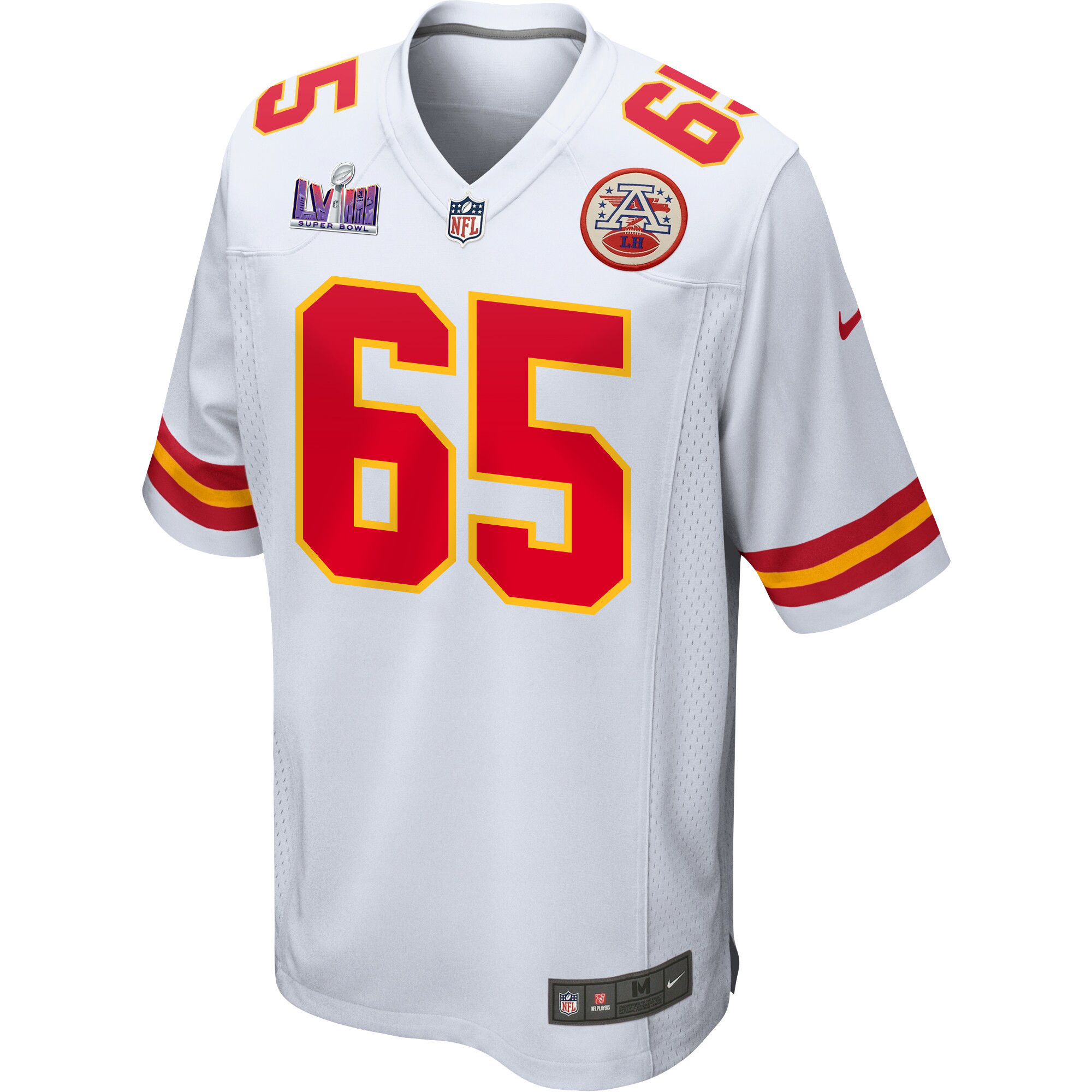 Trey Smith 65 Kansas City Chiefs Super Bowl LVIII Patch Game White NFL Jersey Men's