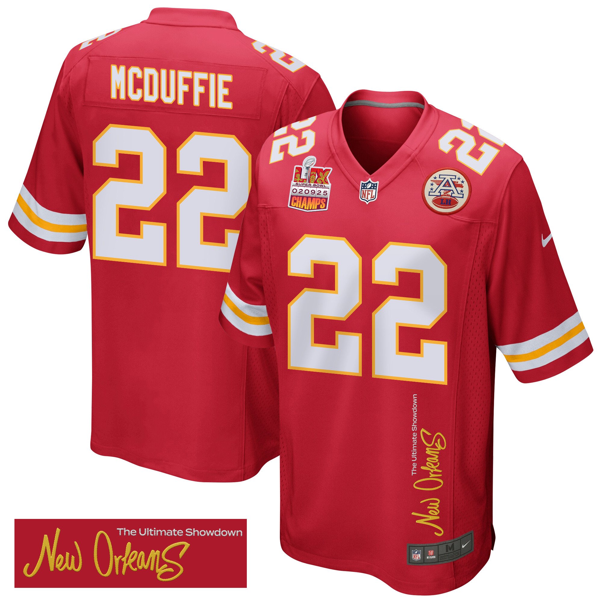 Trent McDuffie 22 Kansas City Chiefs Super Bowl LIX Champions Patch New Orleans The Ultimate Showdown' EMBROIDERED Game Red NFL Jersey Men's