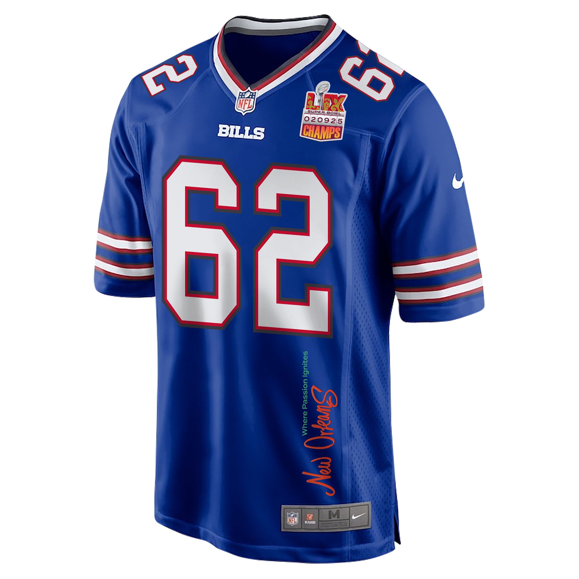 Sedrick Van Pran-Granger 62 Buffalo Bills Super Bowl LIX Champions Patch New Orleans Where Passion Ignites' EMBROIDERED Game Royal NFL Jersey Men's