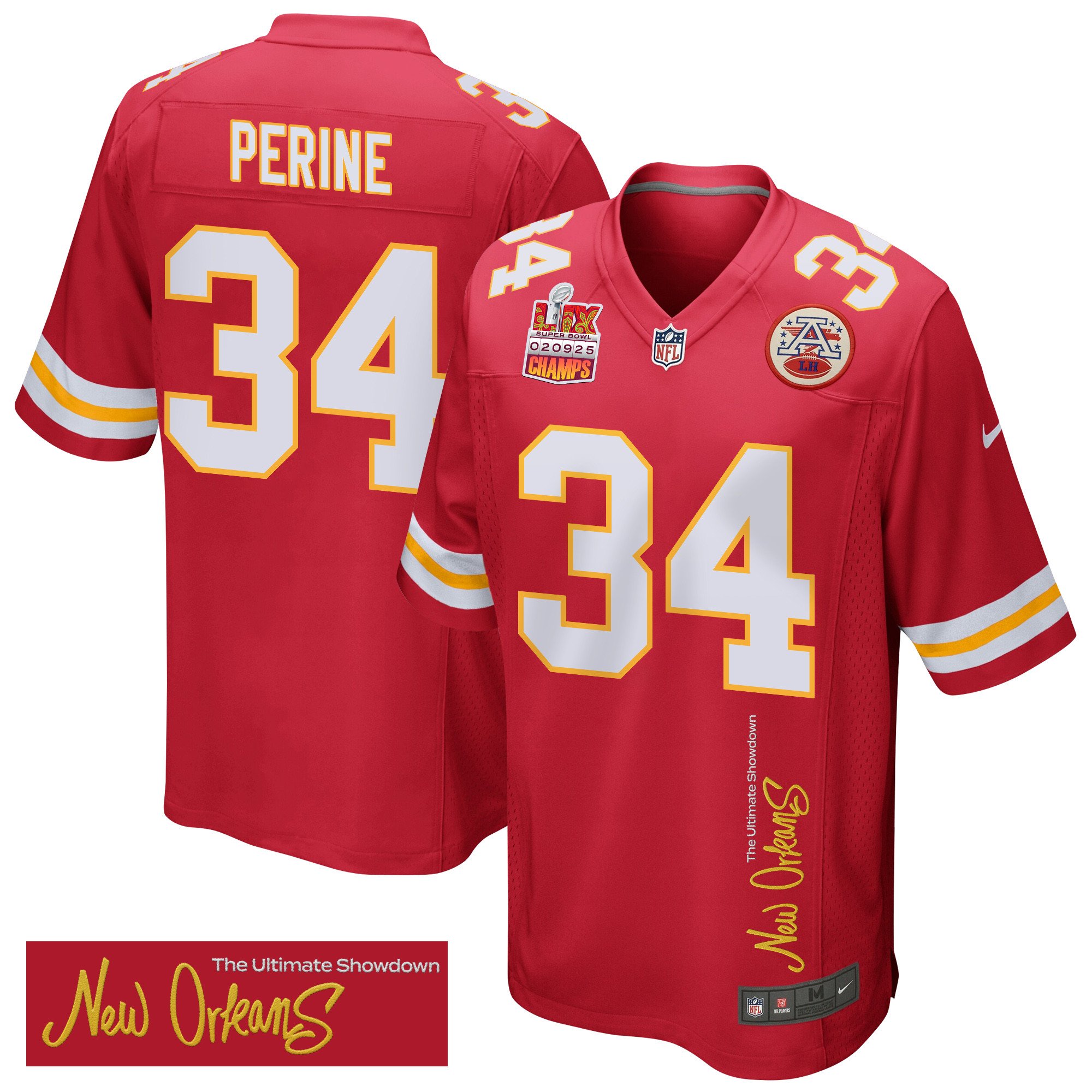 Samaje Perine 34 Kansas City Chiefs Super Bowl LIX Champions Patch New Orleans The Ultimate Showdown' EMBROIDERED Game Red NFL Jersey Men's