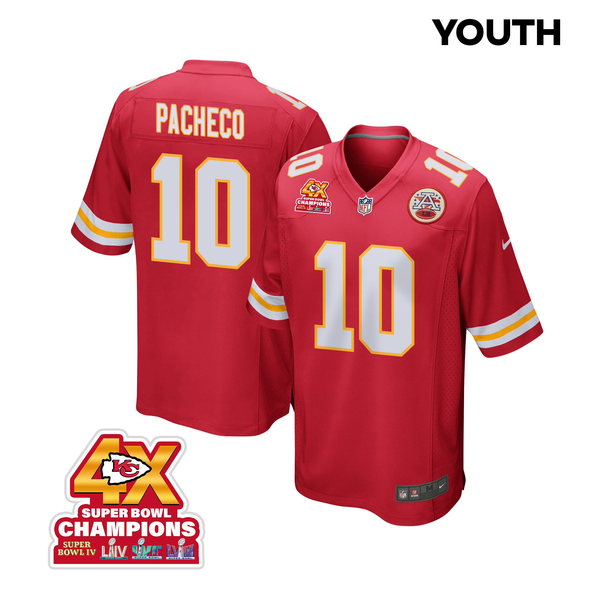 Isiah Pacheco 10 Kansas City Chiefs Super Bowl LVIII Champions 4X Game Red NFL Jersey Youth