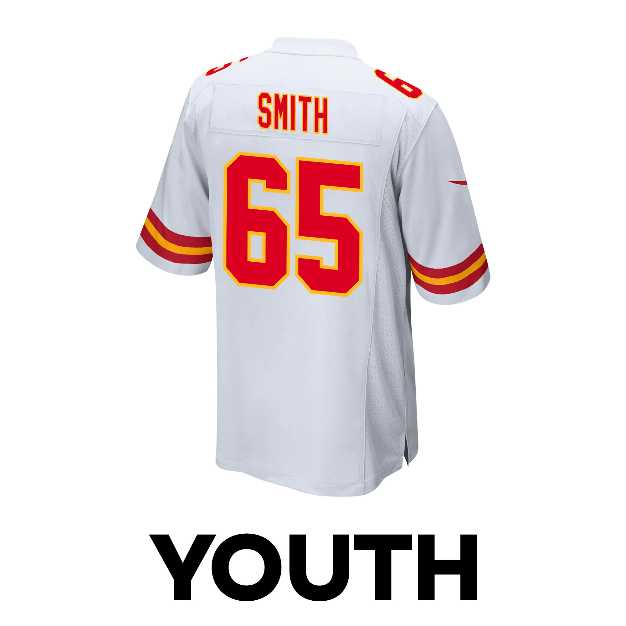 Trey Smith 65 Kansas City Chiefs Super Bowl LVIII Patch Game White NFL Jersey Youth