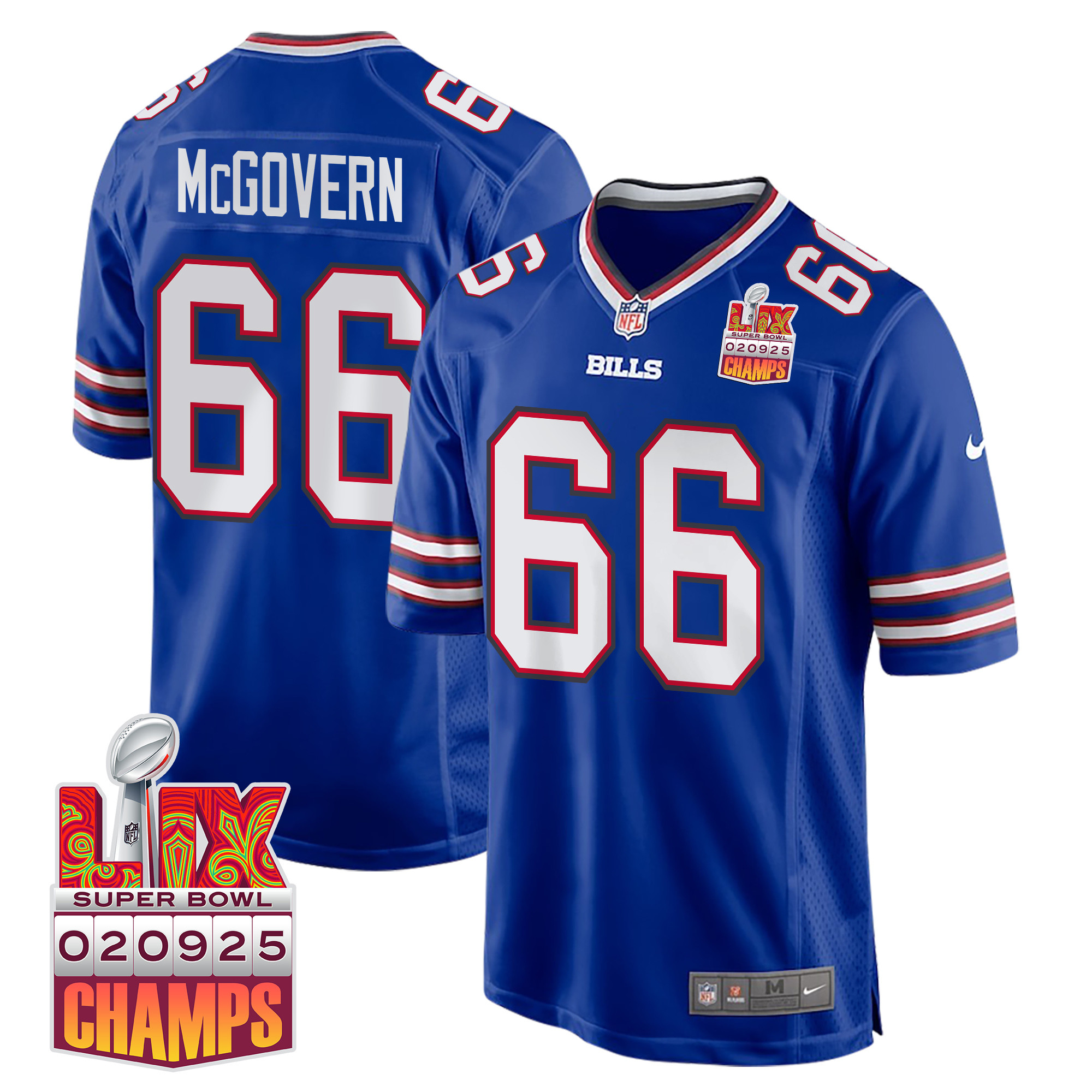 Connor McGovern 66 Buffalo Bills Super Bowl LIX Champions Patch Game Royal NFL Jersey Men's