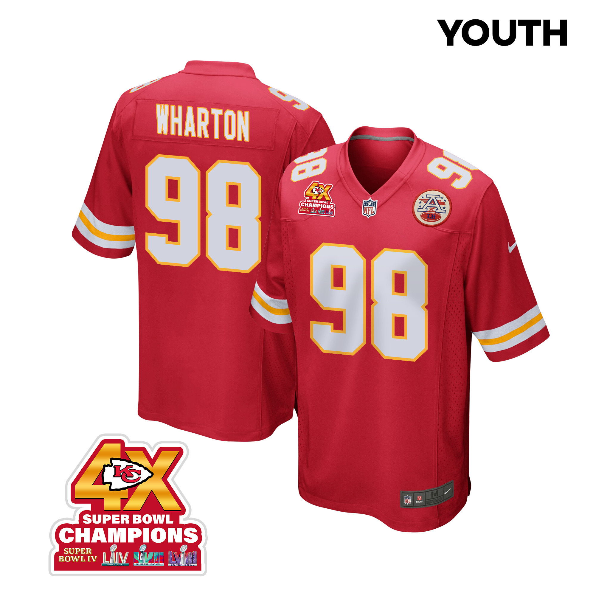 Tershawn Wharton 98 Kansas City Chiefs Super Bowl LVIII Champions 4X Game Red NFL Jersey Youth