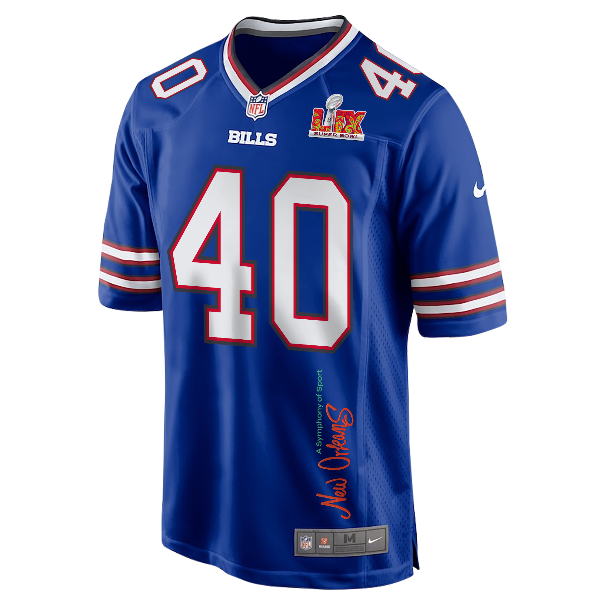 Von Miller 40 Buffalo Bills Super Bowl LIX New Orleans A Symphony of Sport' EMBROIDERED Game Royal NFL Jersey Men's