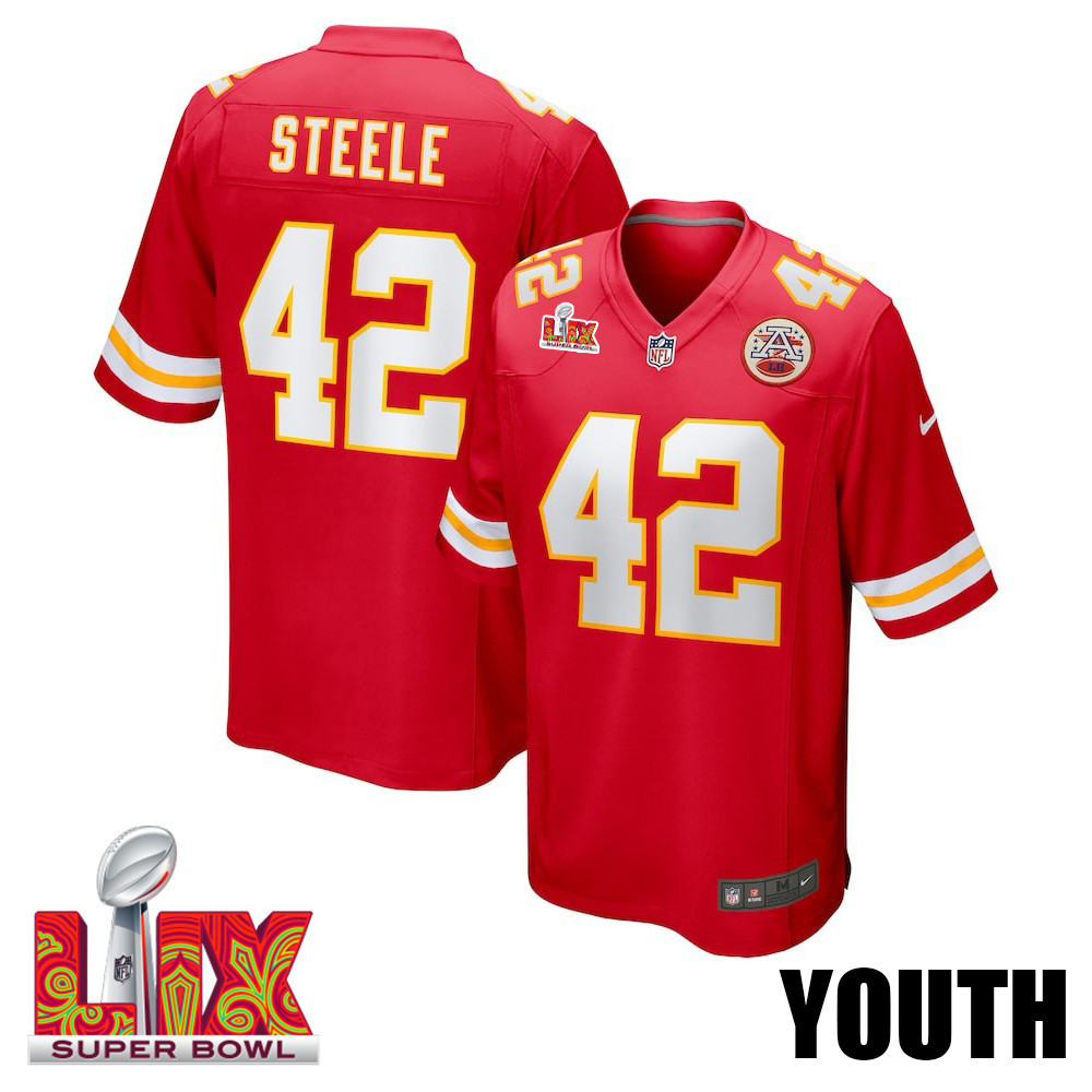 Carson Steele #42 Kansas City Chiefs Super Bowl LIX Red NFL Jersey Youth