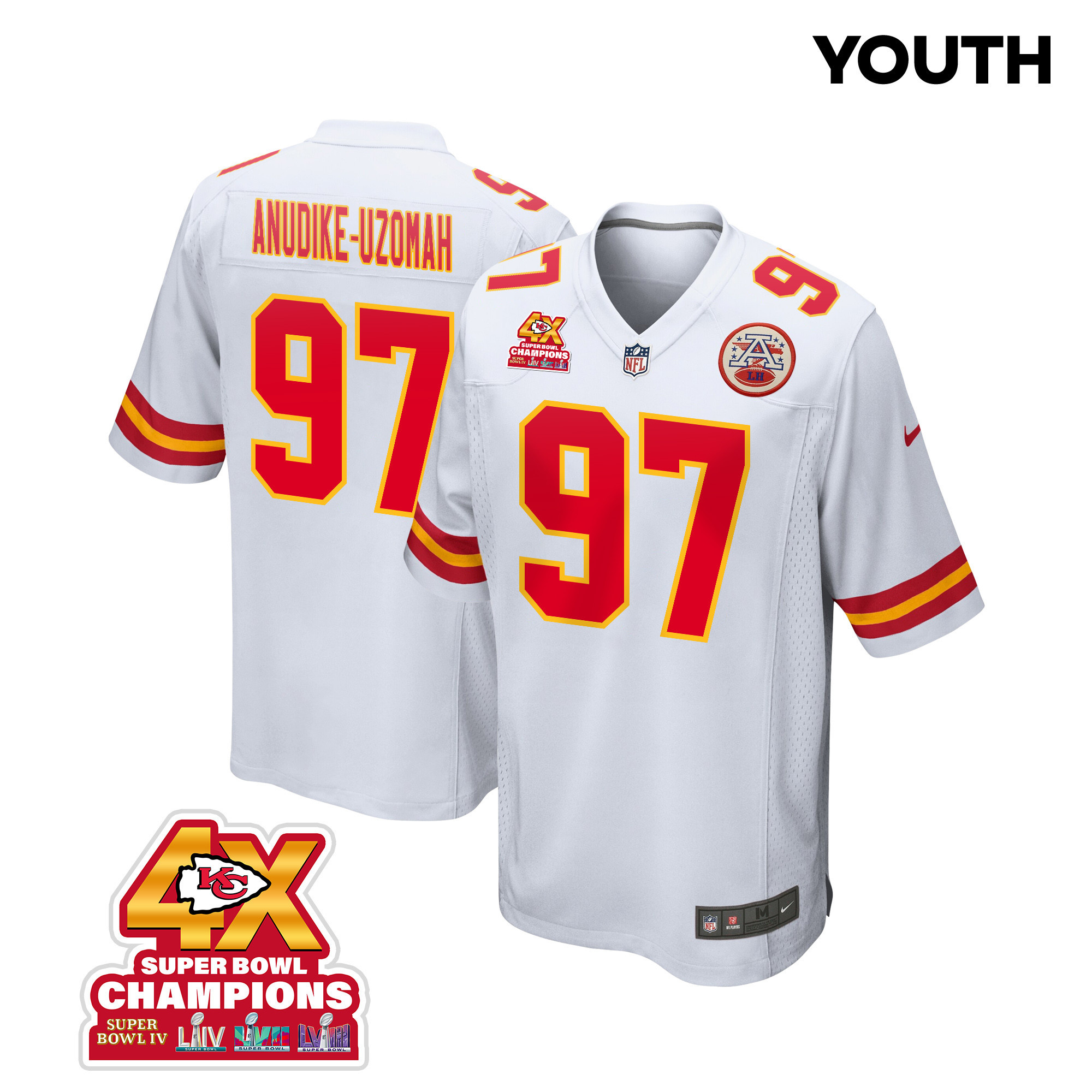 Felix Anudike-Uzomah 97 Kansas City Chiefs Super Bowl LVIII Champions 4X Game White NFL Jersey Youth