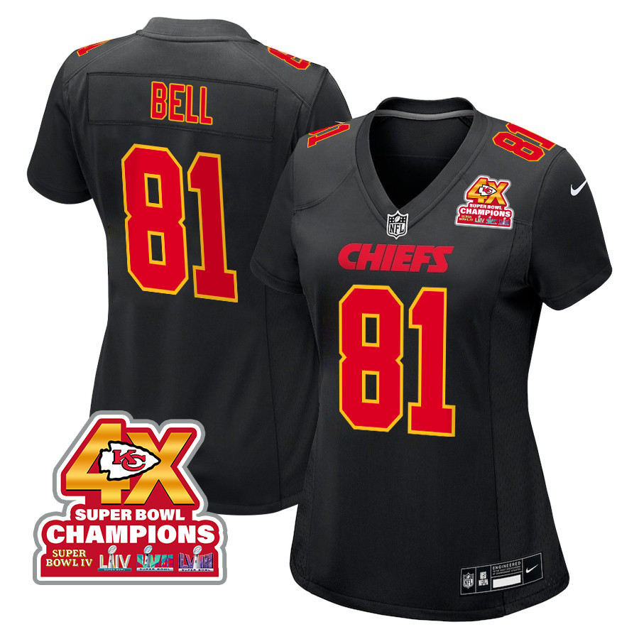 Blake Bell 81 Kansas City Chiefs Super Bowl LVIII Champions 4X Fashion Game Carbon Black NFL Jersey Women's