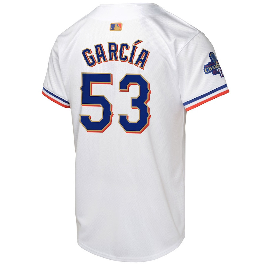 Adolis Garcia 53 Texas Rangers 2024 Gold Collection Limited White MLB Jersey Youth