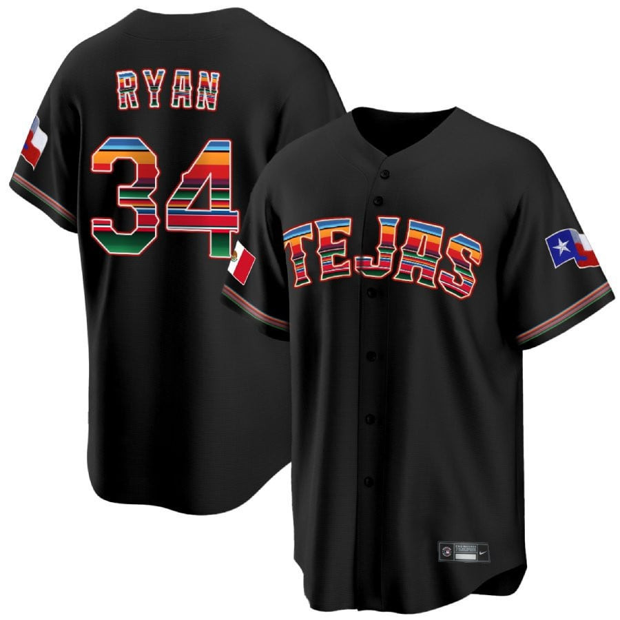 Nolan Ryan 34 Texas Rangers Mexican Collection Black MLB Jersey Men's