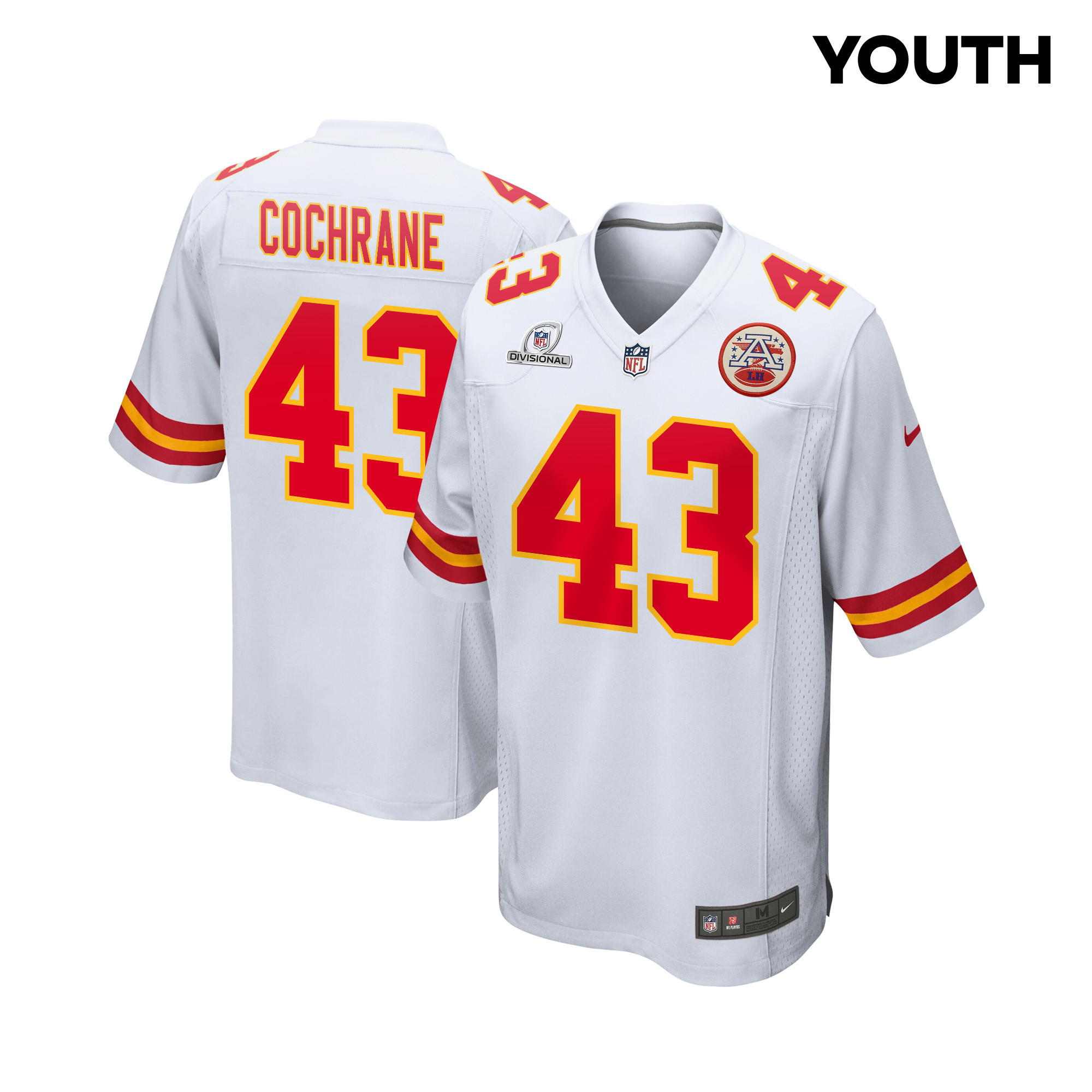 Jack Cochrane 43 Kansas City Chiefs Super Bowl LVIII Patch Game White NFL Jersey Youth