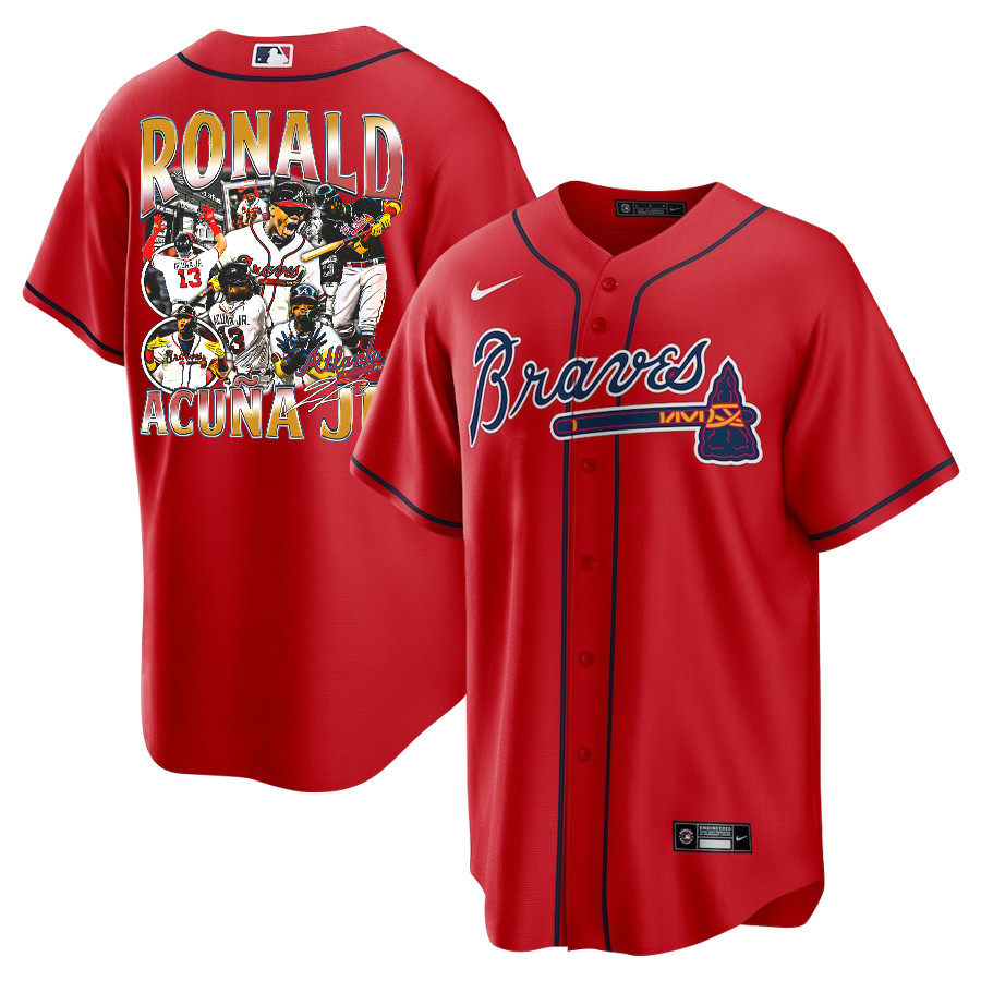 Ronald Acu?a Jr. 13 Atlanta Braves Signed Posture 2023 Alternate Player Red MLB Jersey Men's